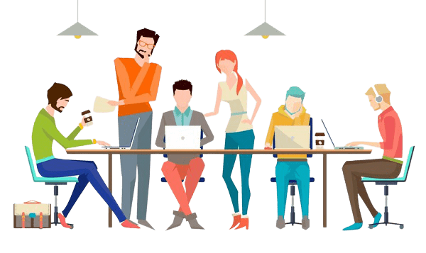 A Visual Guide About Debt Consolidation and Management People working at a table with laptops, discussing debt consolidation and debt management strategies.