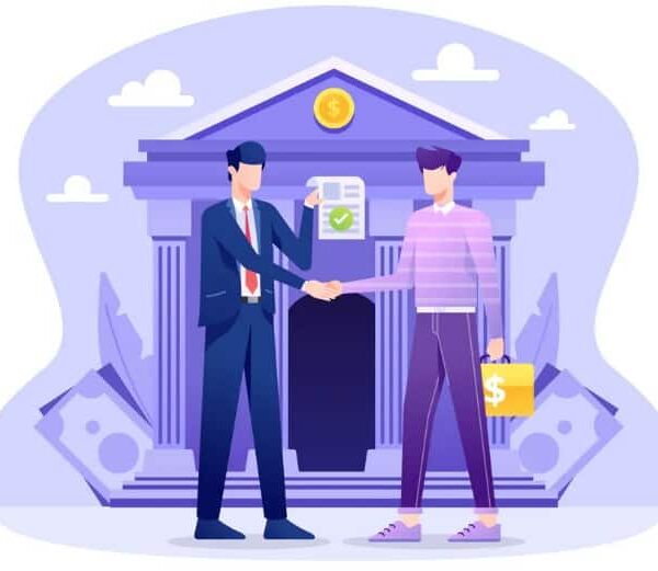 Clearing the Path: Credit Card Debt Solutions in Dubai Two men shaking hands in front of a bank building, symbolizing a credit card settlement in Dubai and resolving credit card debt.